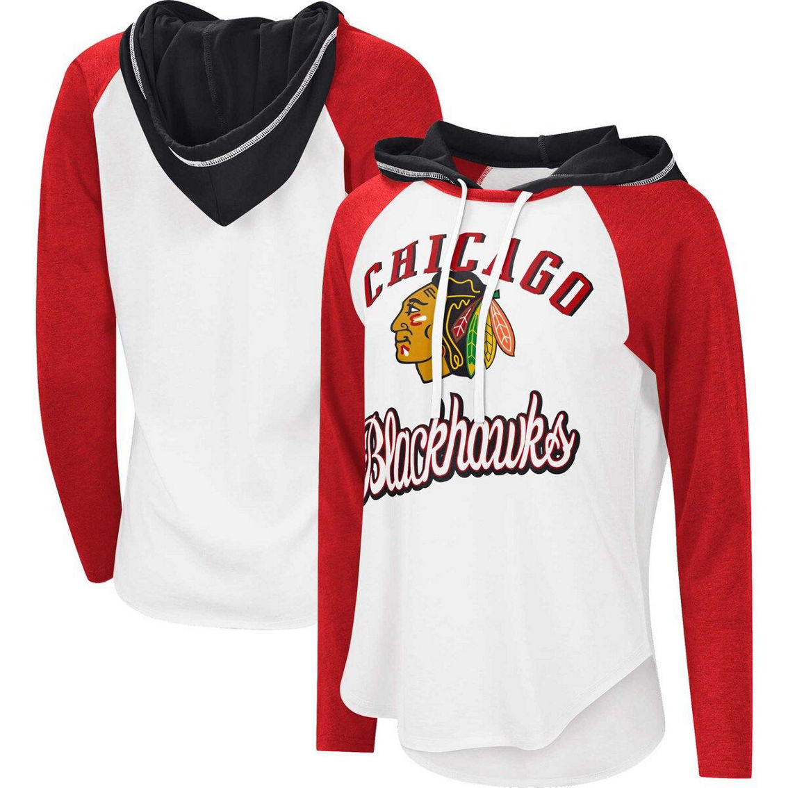 G-III Sports by Carl Banks Women's White/Heather Red Chicago Blackhawks MVP Raglan Lightweight Hooded T-Shirt - Image 2 of 4