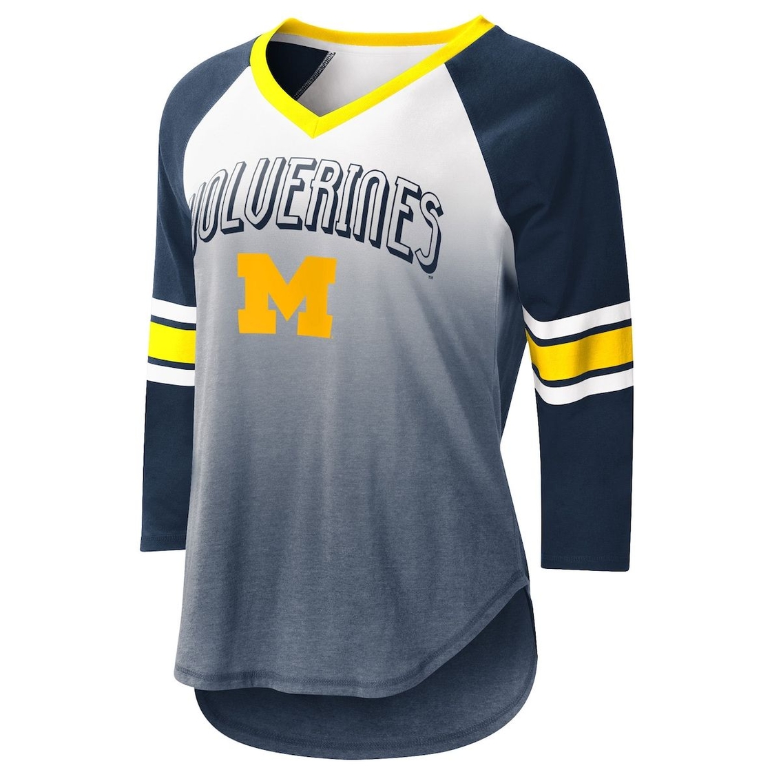 G-III 4Her by Carl Banks Women's White/Navy Michigan Wolverines Lead Off Ombre Raglan 3/4-Sleeve V-Neck T-Shirt - Image 2 of 4