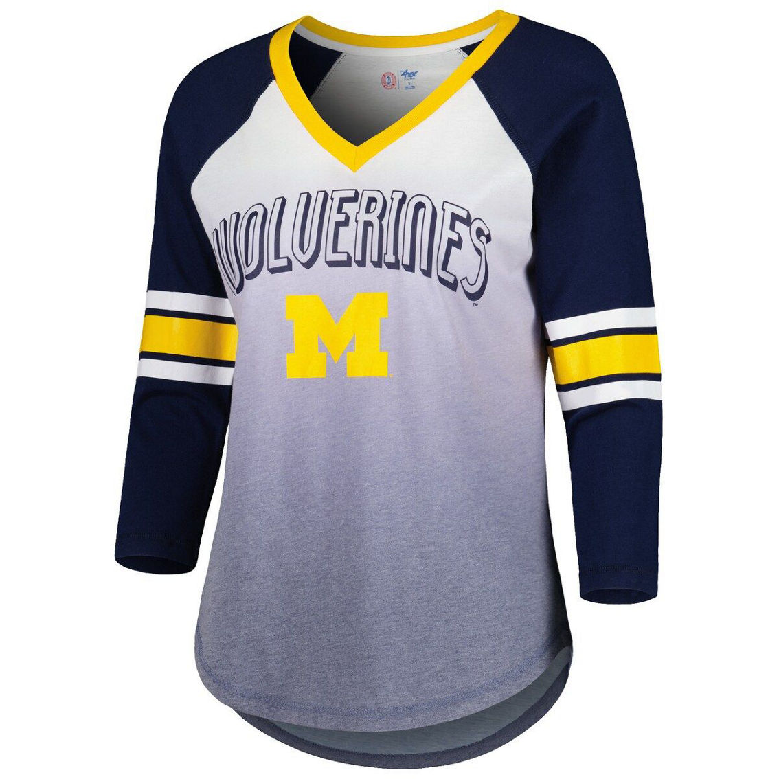G-III 4Her by Carl Banks Women's White/Navy Michigan Wolverines Lead Off Ombre Raglan 3/4-Sleeve V-Neck T-Shirt - Image 3 of 4