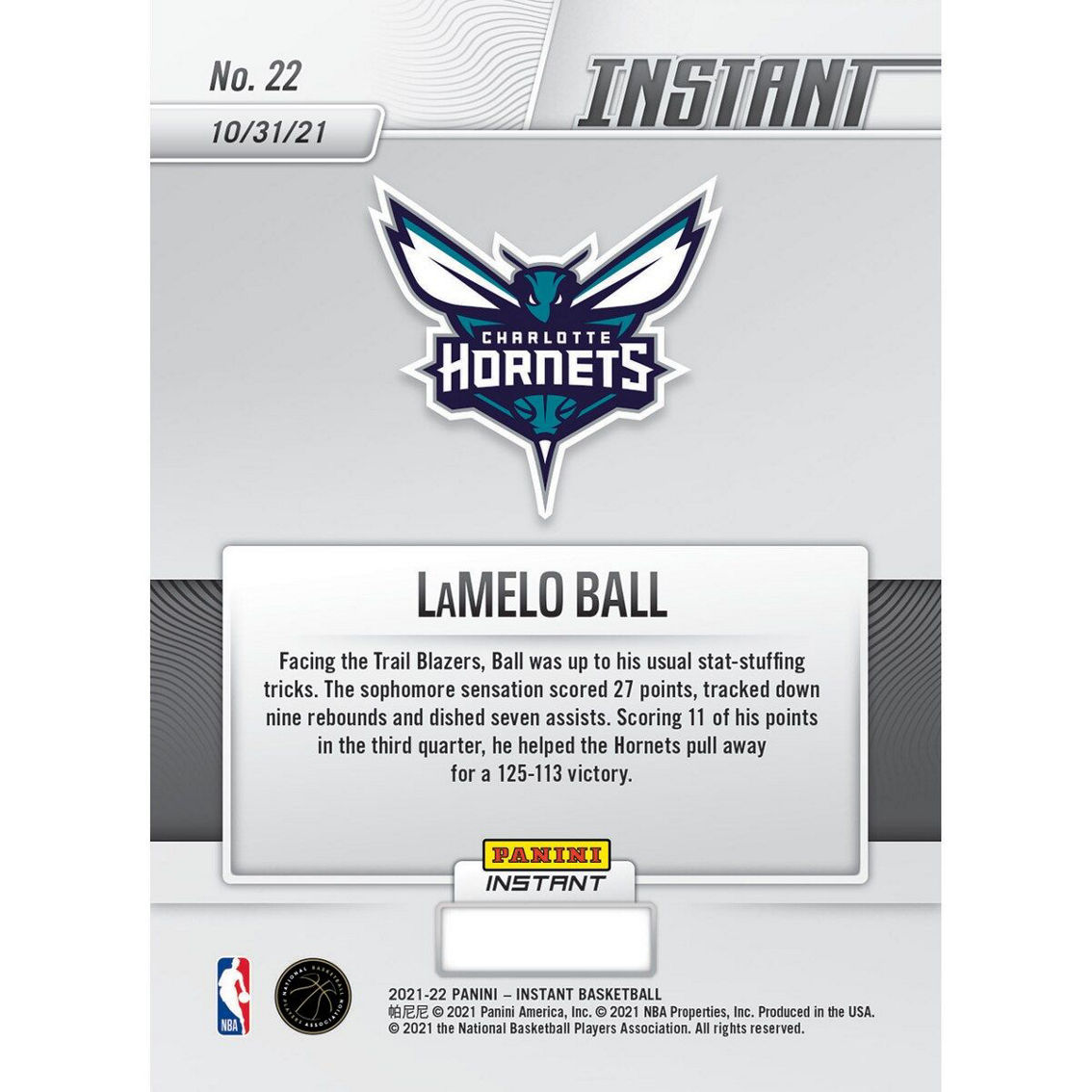 Panini America LaMelo Ball Charlotte Hornets Fanatics Exclusive Parallel Panini Instant Near Triple-Double Single Trading Card - Limited Edition of 99 - Image 3 of 3