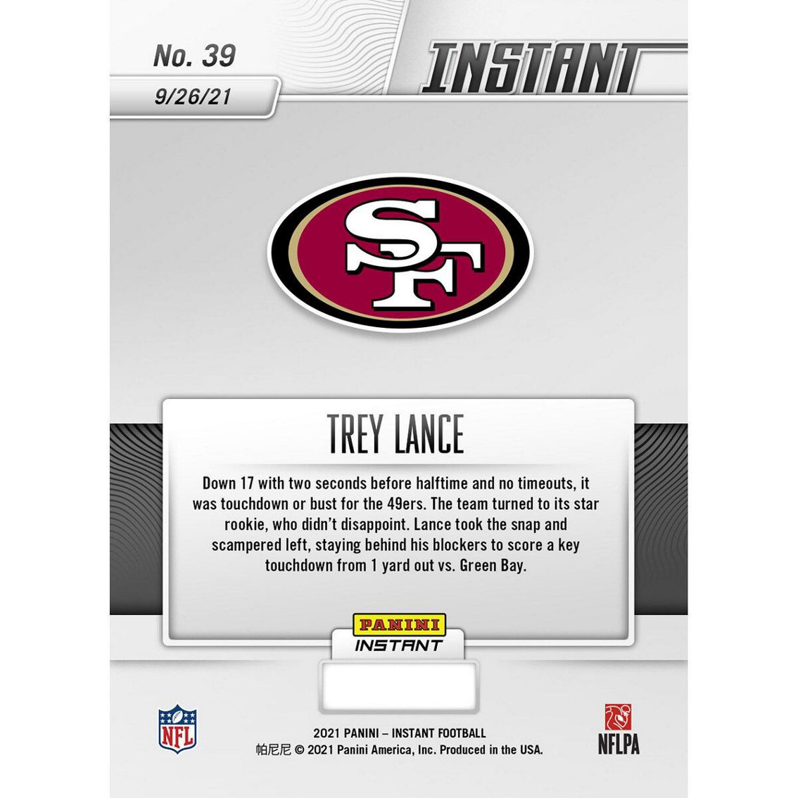 Panini America Trey Lance San Francisco 49ers Fanatics Exclusive Parallel Panini Instant NFL Week 3 1st Rushing down Single Rookie Trading Card - Limited Edition of 99 - Image 3 of 3