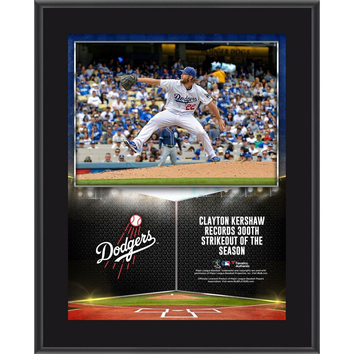 Fanatics Authentic Clayton Kershaw Los Angeles Dodgers 10.5'' x 13'' 300 Strikeouts in a Season Sublimated Plaque - Image 2 of 2