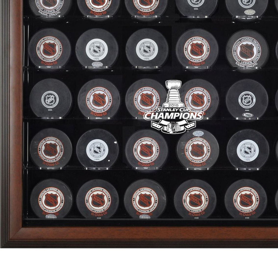 Fanatics Authentic Chicago Blackhawks 2015 Stanley Cup s Brown Framed 30-Puck Logo Display Case - Image 1 of 2
