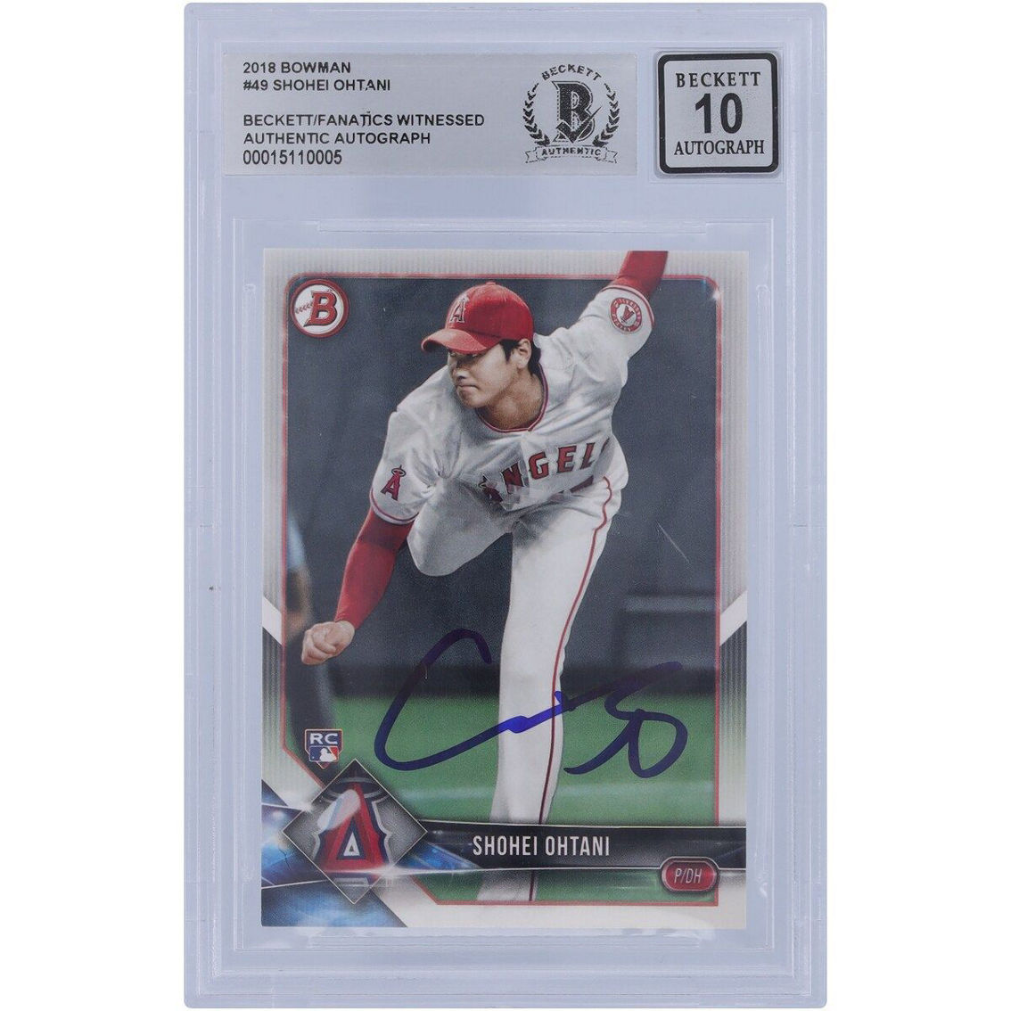 Bowman Shohei Ohtani Los Angeles Angels Autographed 2018 Bowman #49 Beckett Fanatics Witnessed Authenticated 10 Rookie Card - Image 1 of 3