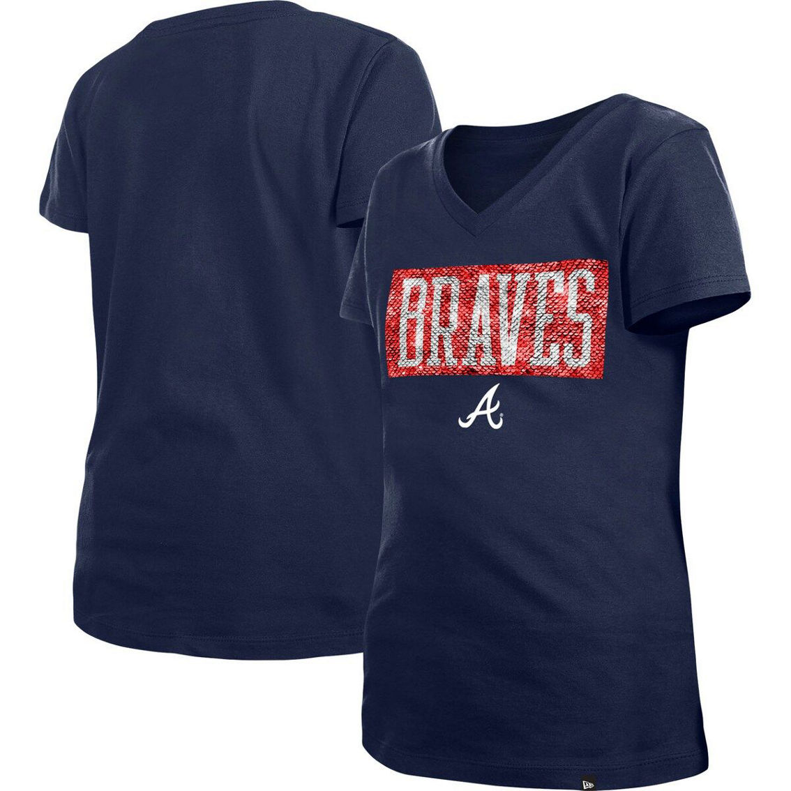 New Era Girls Youth Navy Atlanta Braves Flip Sequin Team V-neck T-shirt, Fan Shop