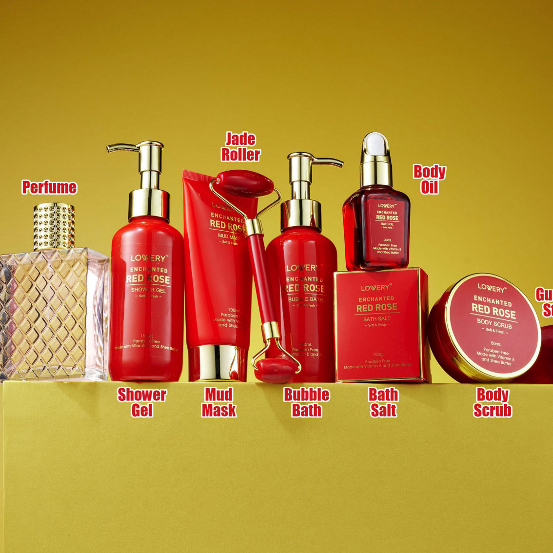 Lovery Luxe 11pc Red Rose Bath and Body Set with Perfume Jade Roller Gua Sha & More - Image 2 of 5