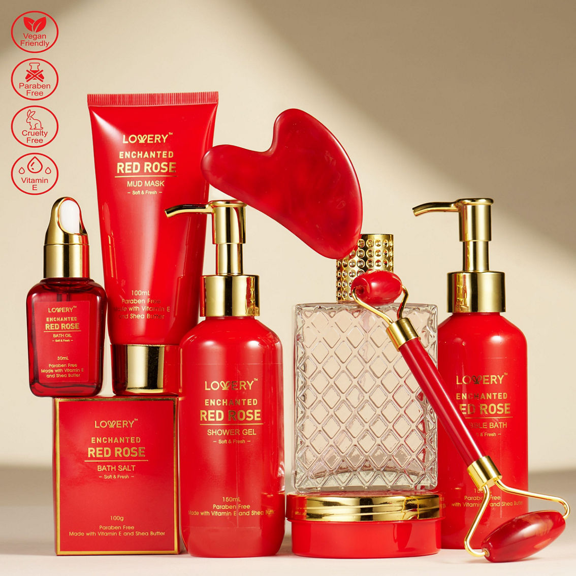 Lovery Luxe 11pc Red Rose Bath and Body Set with Perfume Jade Roller Gua Sha & More - Image 3 of 5
