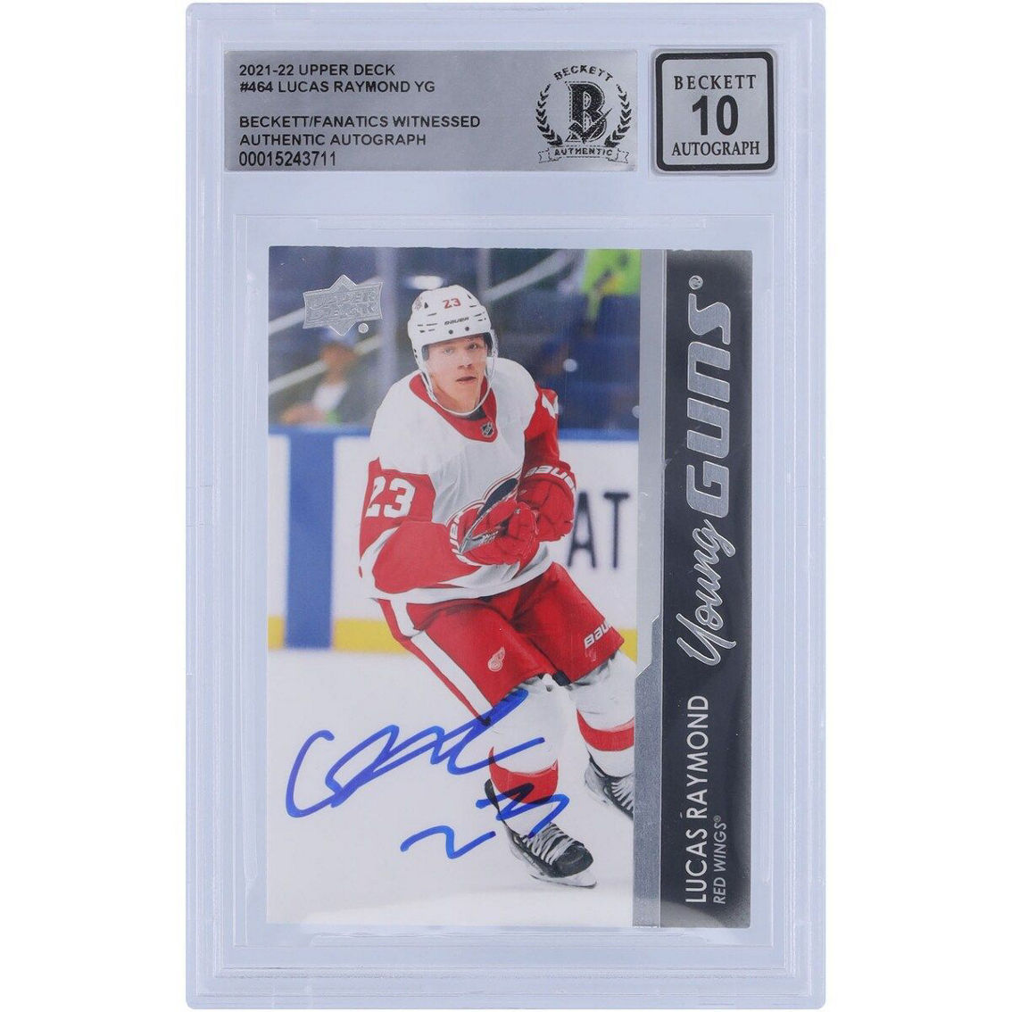Upper Deck Lucas Raymond Detroit Red Wings Autographed 2021-22 Upper Deck Young Guns #464 Beckett Fanatics Witnessed Authenticated 10 Rookie Card - Image 2 of 3