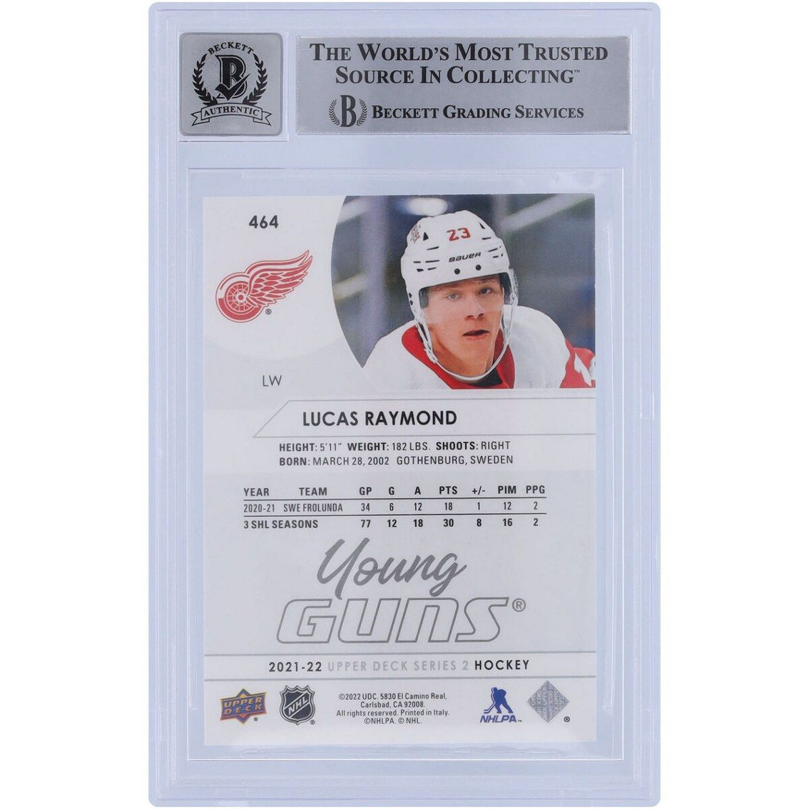 Upper Deck Lucas Raymond Detroit Red Wings Autographed 2021-22 Upper Deck Young Guns #464 Beckett Fanatics Witnessed Authenticated 10 Rookie Card - Image 3 of 3
