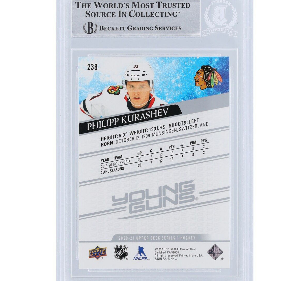 Upper Deck Philipp Kurashev Chicago Blackhawks Autographed 2020-21 Upper Deck Series 1 Young Guns #238 Beckett Fanatics Witnessed Authenticated Rookie Card - Image 3 of 3