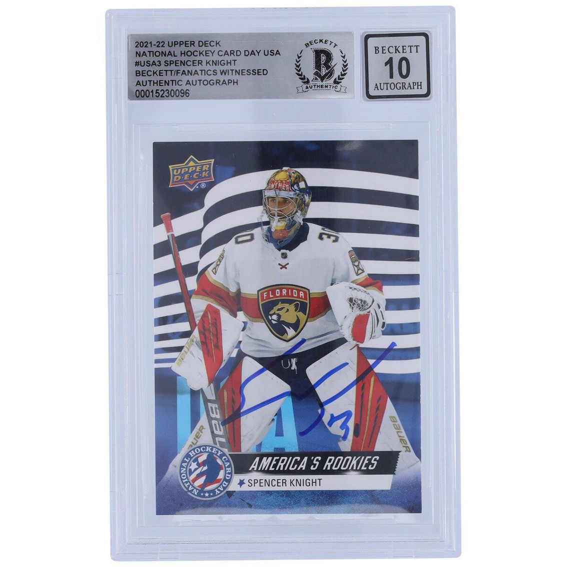 Upper Deck Spencer Knight Florida Panthers Autographed 2021-22 Upper Deck National Hockey Card Day America's Rookies #USA-3 Beckett Fanatics Witnessed Authenticated 10 Rookie Card - Image 2 of 3