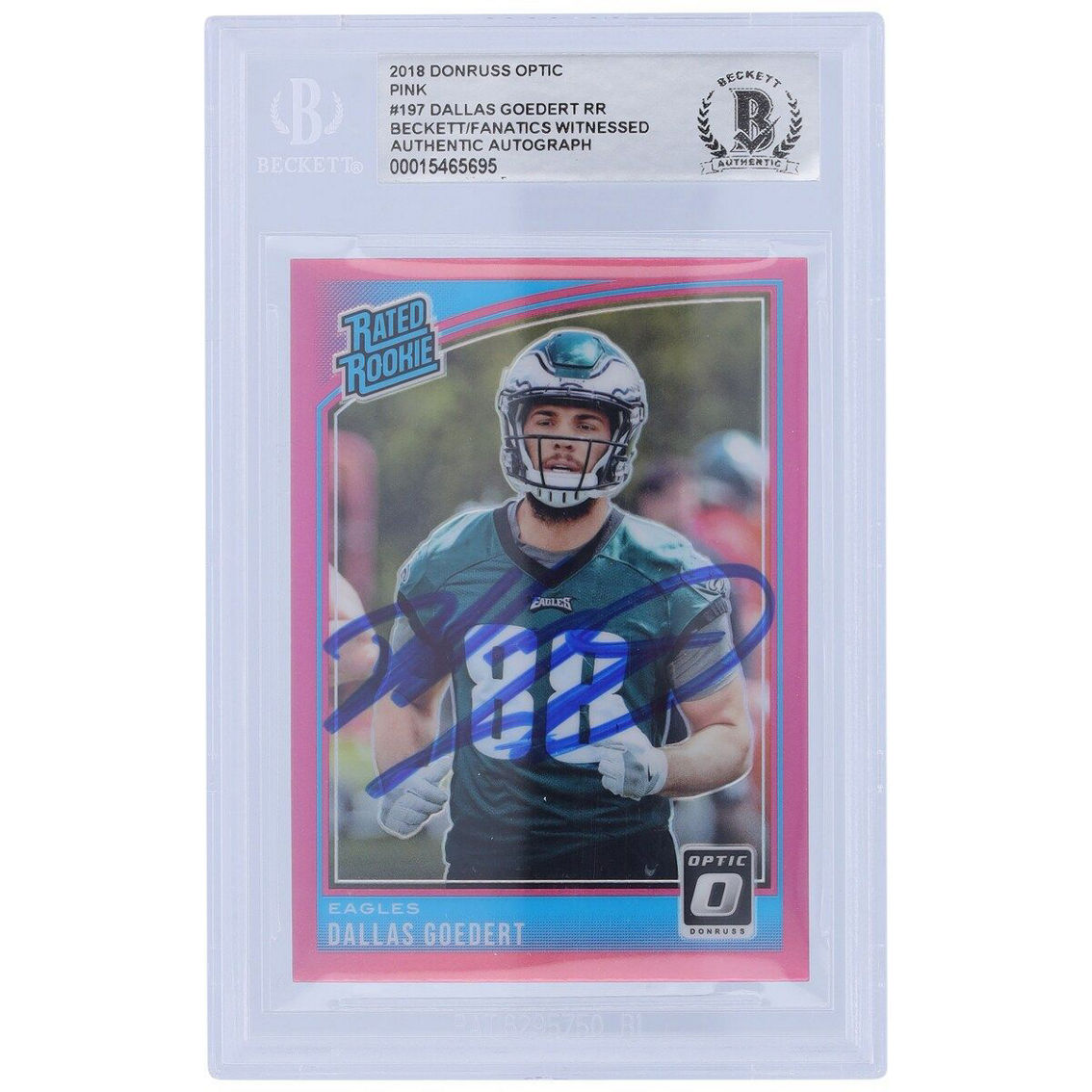 Panini Dallas Goedert Philadelphia Eagles Autographed 2018 Panini Donruss Optic Pink Rated Rookie #197 Beckett Fanatics Witnessed Authenticated Rookie Card - Image 2 of 3