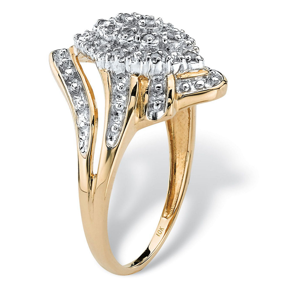 1/10 TCW Round Diamond Swirled Cluster Ring in Solid 10k Gold - Image 2 of 5