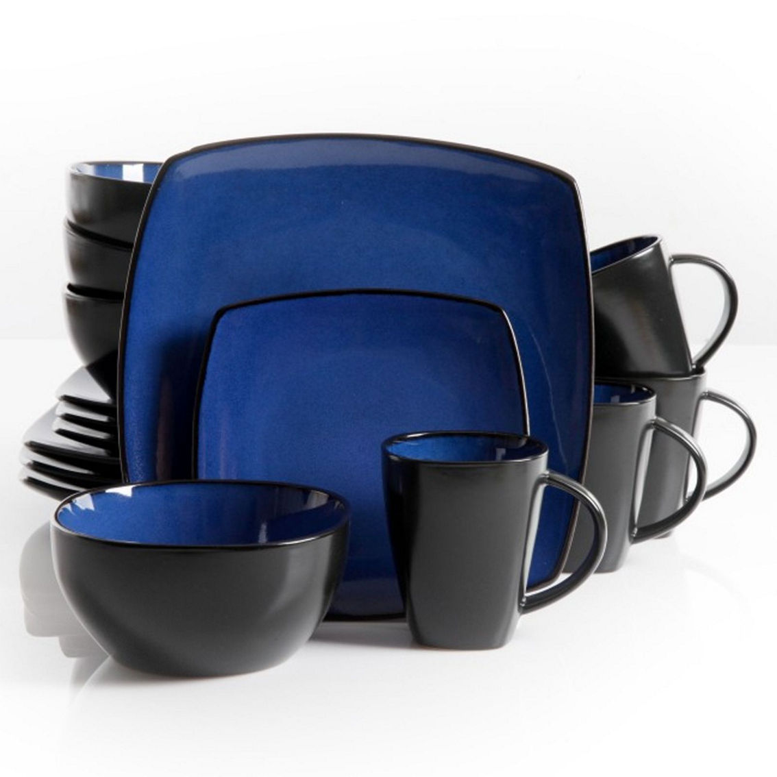 Gibson Soho Lounge 16 Piece Square Stoneware Dinnerware Set in Blue and Black - Image 2 of 5