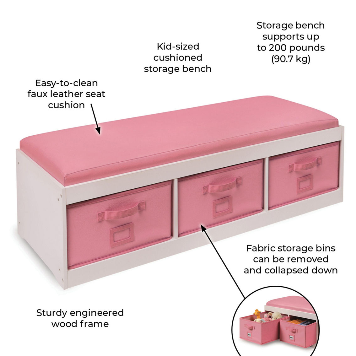 Badger Basket Kid's Storage Bench with Cushion and Three Bins - Image 3 of 5