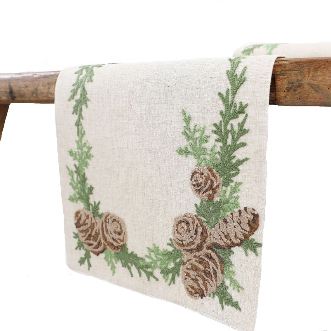 Manor Luxe Winter Pine Cones & Branches Crewel Embroidered Table Runner - Image 3 of 3