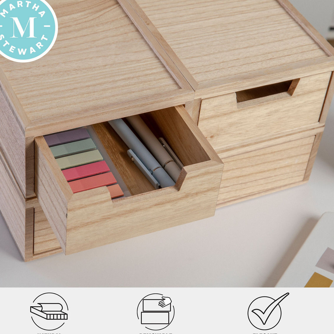 Martha Stewart 3PK Wooden Storage Box with Drawers - Image 3 of 5