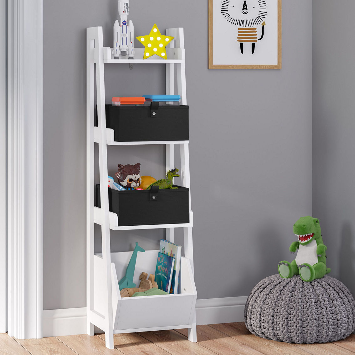 RiverRidge Kids 4-Tier 13in Ladder Shelf with Toy Organizer and 2pc Bins - Image 2 of 5