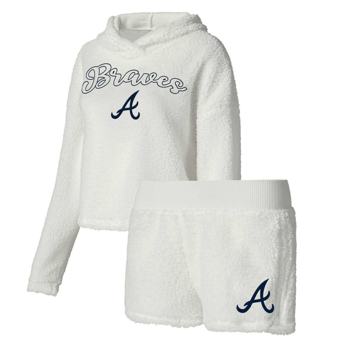 Concepts Sport Women's Cream Atlanta Braves Fluffy Hoodie Top & Shorts Sleep Set - Image 2 of 4