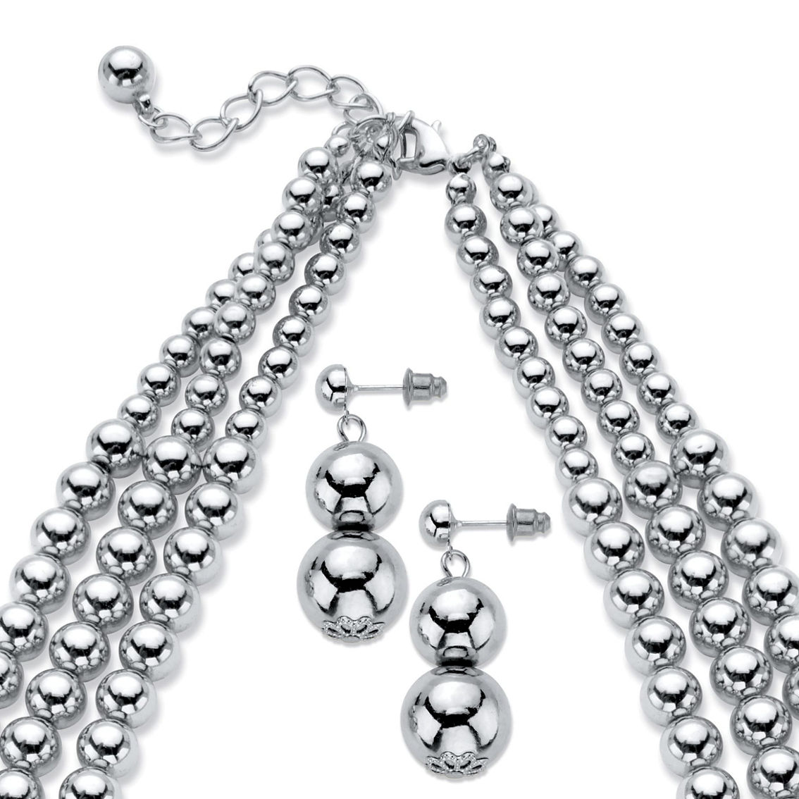 PalmBeach Beaded Silvertone Triple-Strand Necklace, Earring and Bracelet Set - Image 2 of 5
