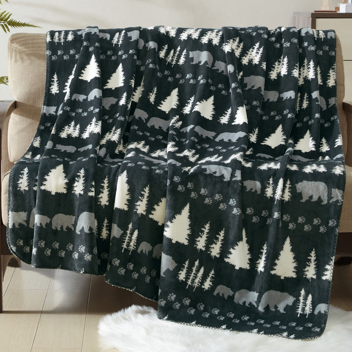 Colemand Reversible Printed Plush and Faux Fur Throw Blanket - 60 in. x 80 in. - Image 2 of 4