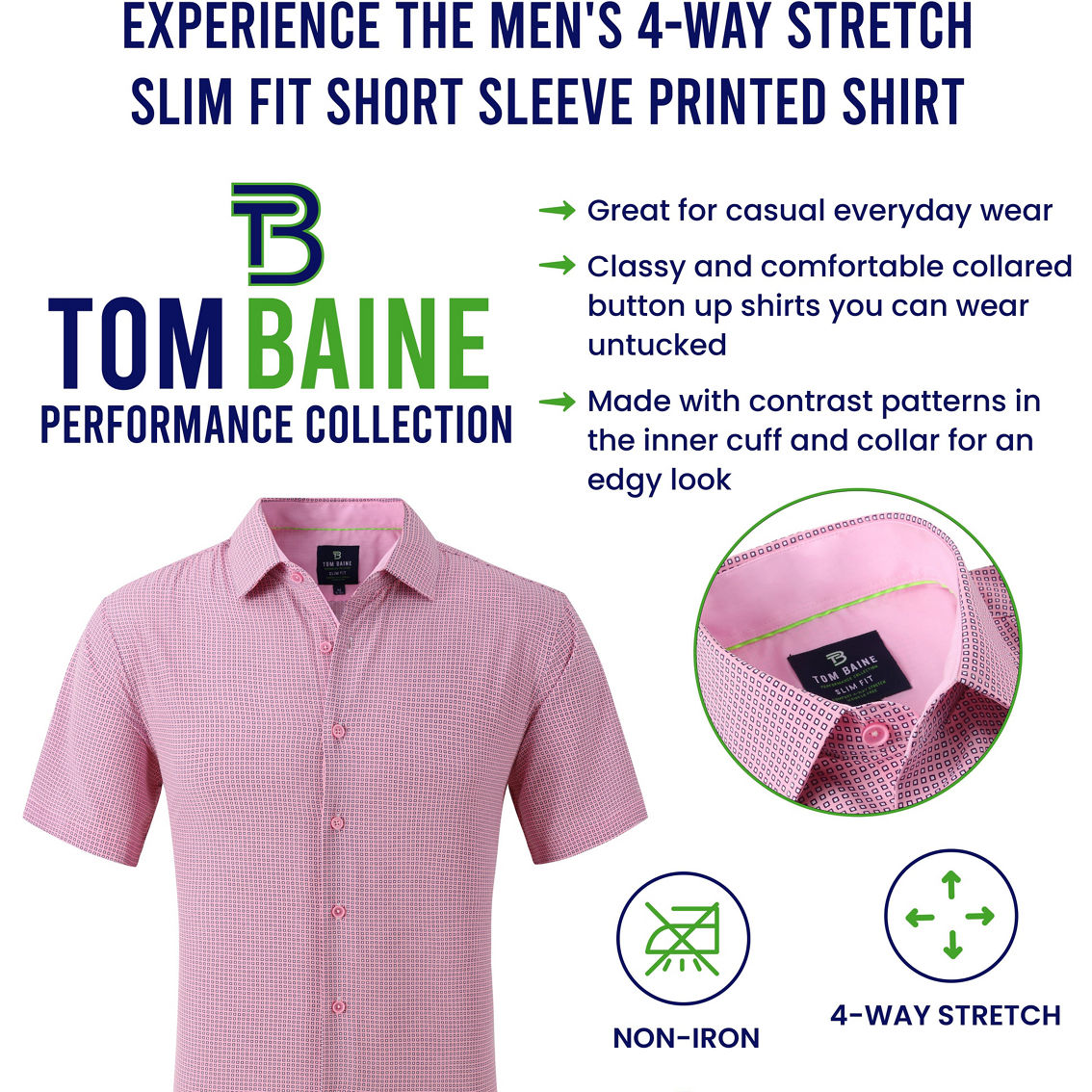 Tom Baine Men Slim Fit Performance Short Sleeve Solid Button Down - Image 4 of 4