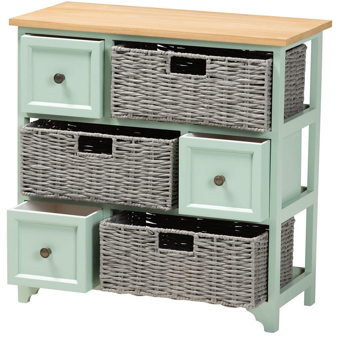 Baxton Studio Valtina Oak Brown and Mint Green 3-Drawer Storage Unit with Baskets - Image 2 of 5
