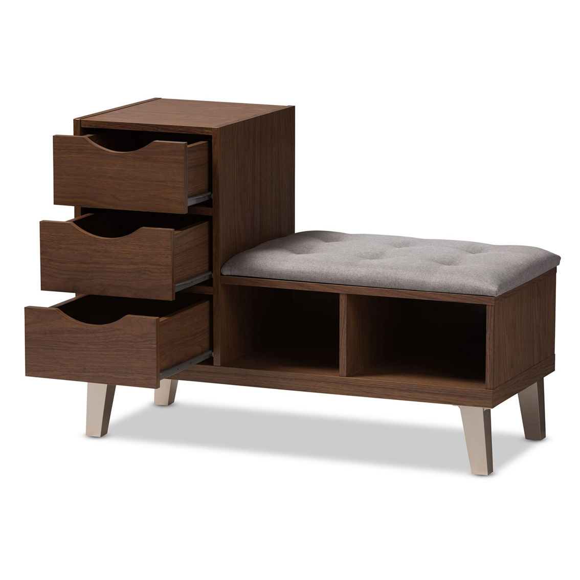 Baxton Studio Arielle Walnut Wood 3-Drawer Shoe Storage With Upholstered Bench - Image 2 of 5