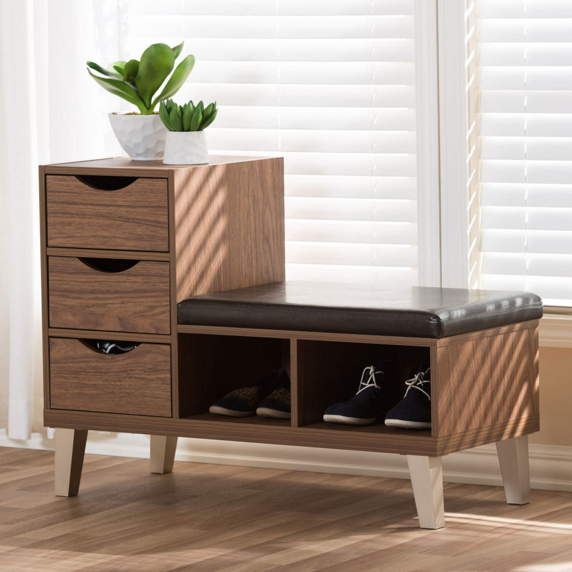 Baxton Studio Arielle Walnut Wood 3-Drawer Shoe Storage With Faux Leather Bench - Image 5 of 5