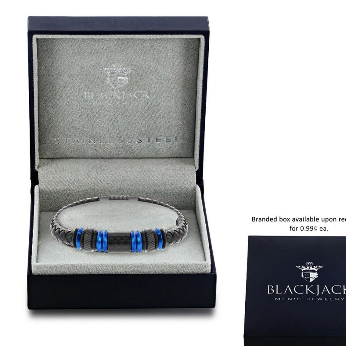 Metallo Blue Stainless Steel w/ Black Carbon Fiber Genuine Leather Bracelet - Image 2 of 3