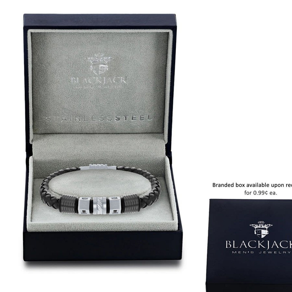 Metallo Black & Silver Stainless Steel w/ Black CZ Genuine Leather Bracelet - Image 2 of 3