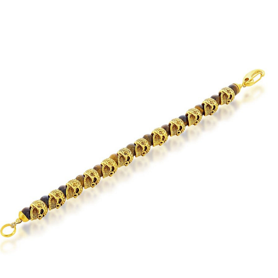 Metallo Stainless Steel Genuine Tiger Eye Beads Skull Bracelet - Gold Plated - Image 2 of 4
