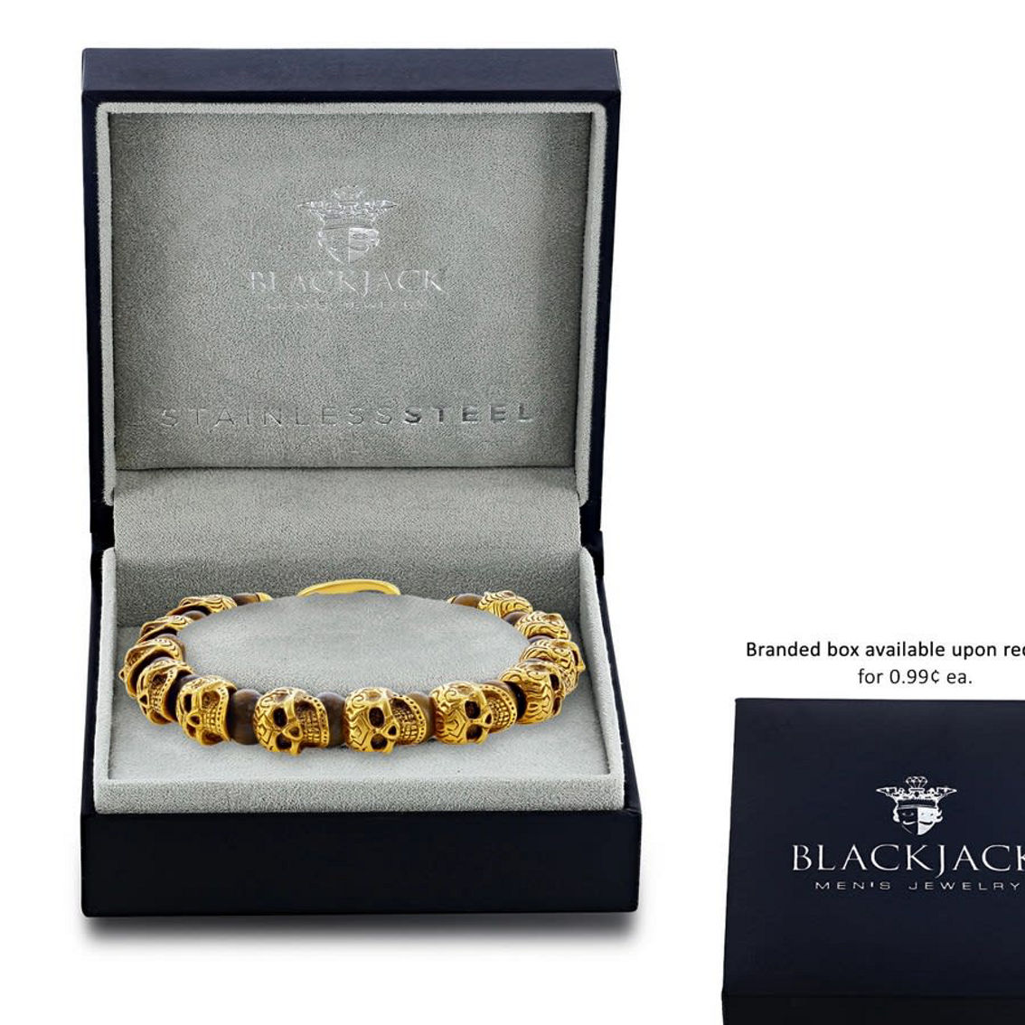 Metallo Stainless Steel Genuine Tiger Eye Beads Skull Bracelet - Gold Plated - Image 3 of 4