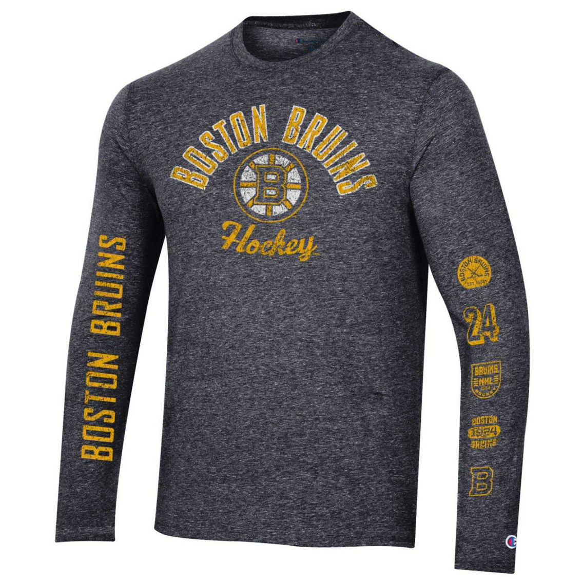 Champion Men's Heather Black Boston Bruins Multi-Logo Tri-Blend Long Sleeve T-Shirt - Image 3 of 4