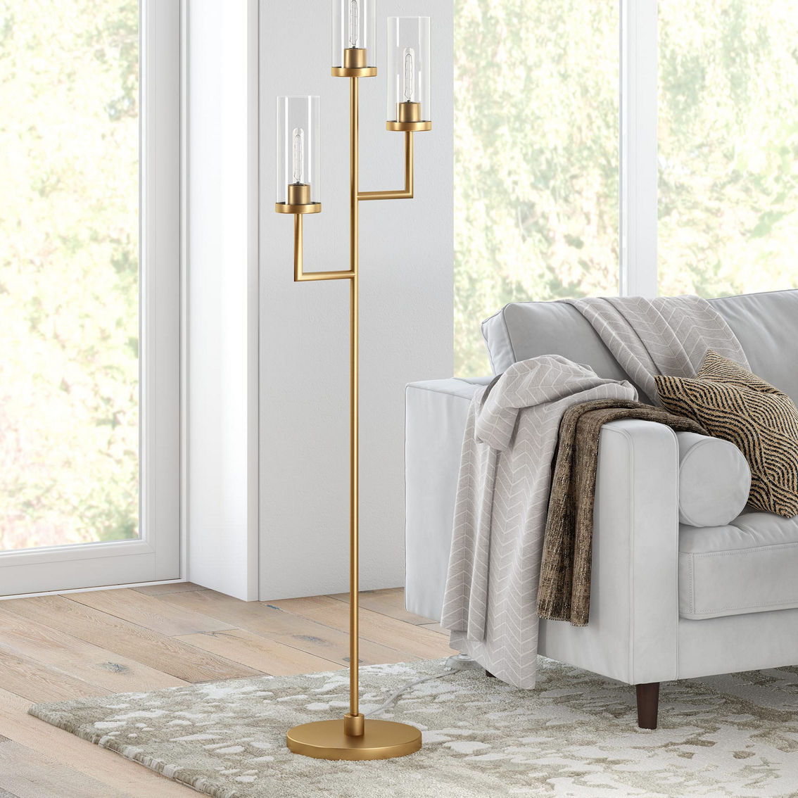 Hudson&Canal Basso 3-Light Torchiere Floor Lamp with Glass Shade - Image 2 of 5