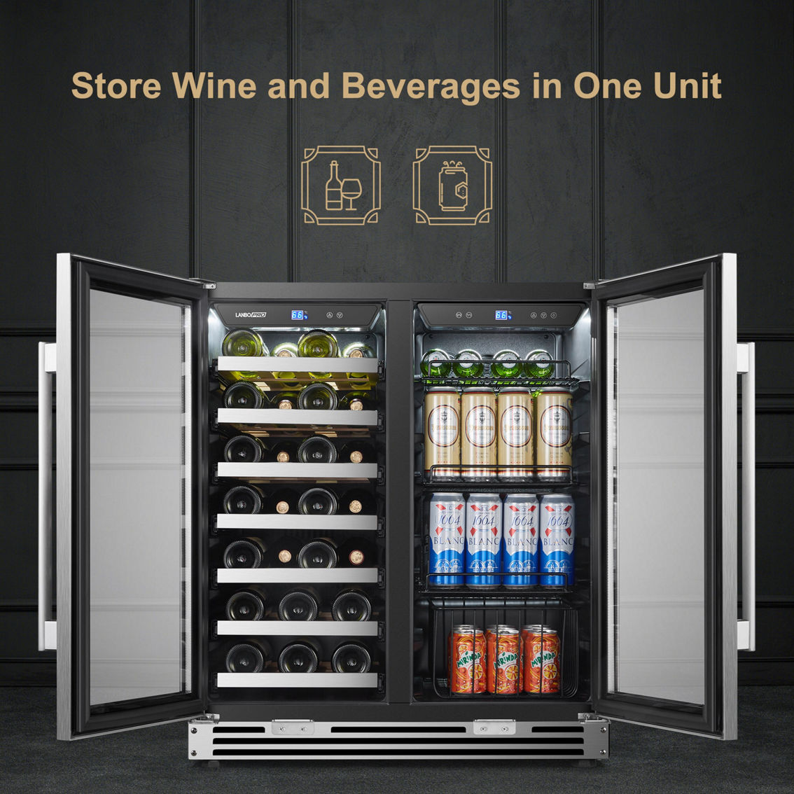 Lanbo Wine and Beverage Cooler Seemless Stainless Steel Trimmed, 26 Bottle 76 Can - Image 5 of 5