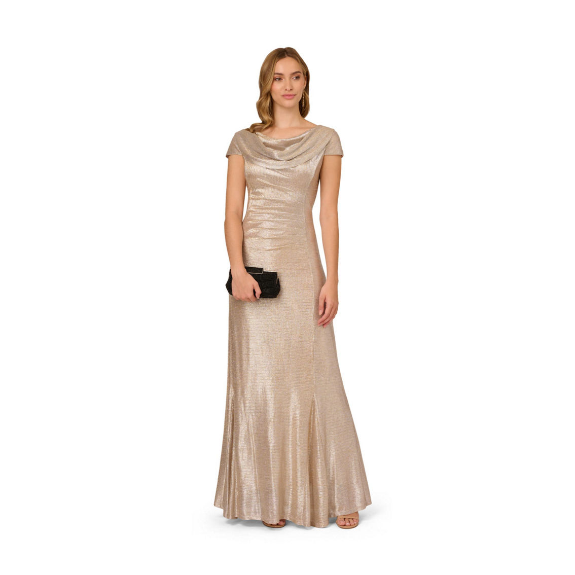 Adrianna Papell Metallic Foil Knit Draped Long Gown - Image 3 of 5