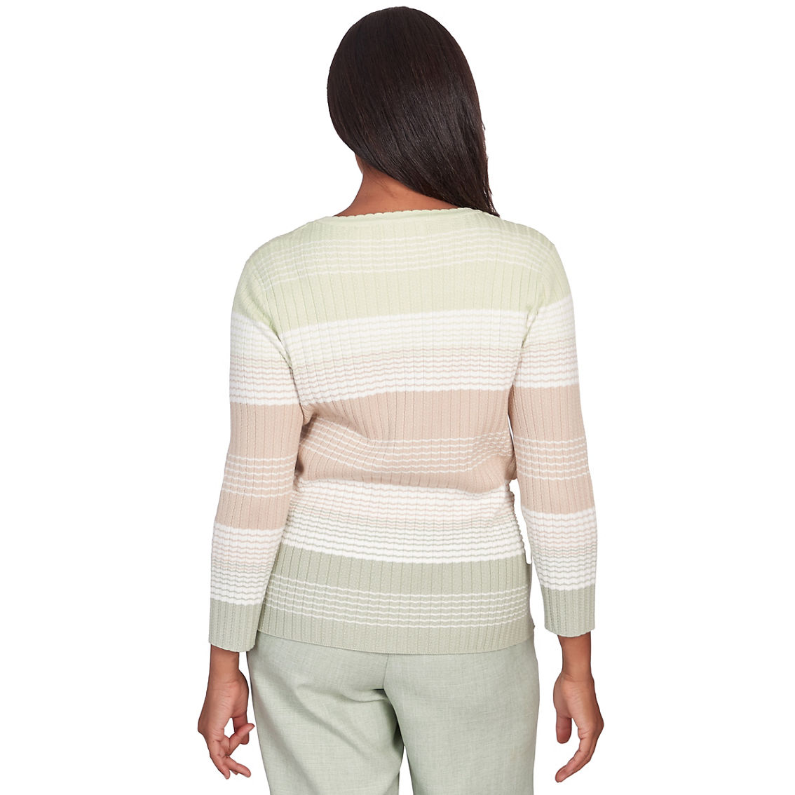 Alfred Dunner Women's English Garden Texture Stripe Crew Neck Sweater With Necklace - Image 2 of 4