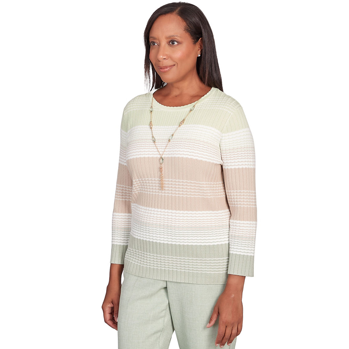 Alfred Dunner Women's English Garden Texture Stripe Crew Neck Sweater With Necklace - Image 3 of 4