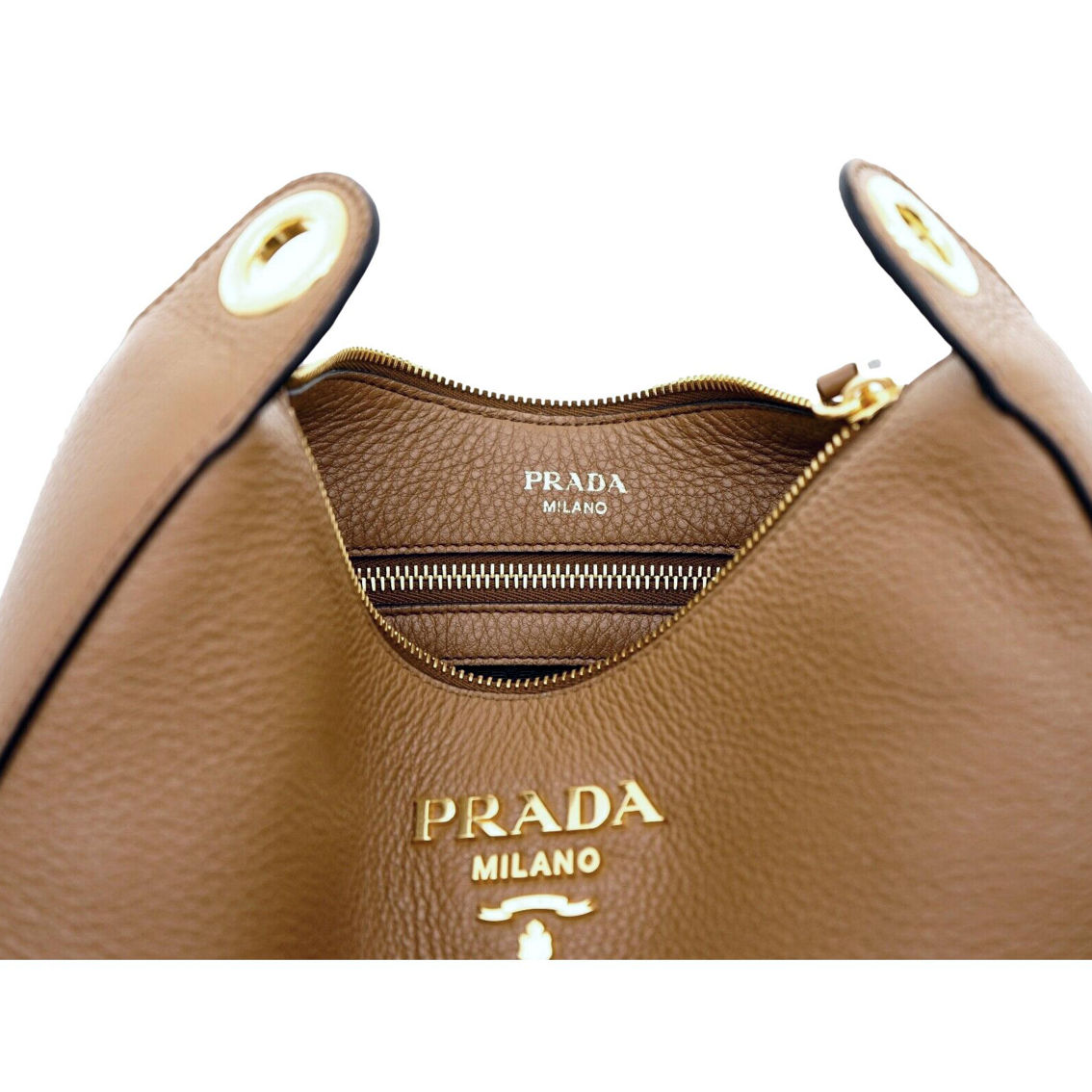 Prada Vitello Phenix Caramel Brown Leather Web Stripe Crossbody Bag (New) - Image 5 of 5