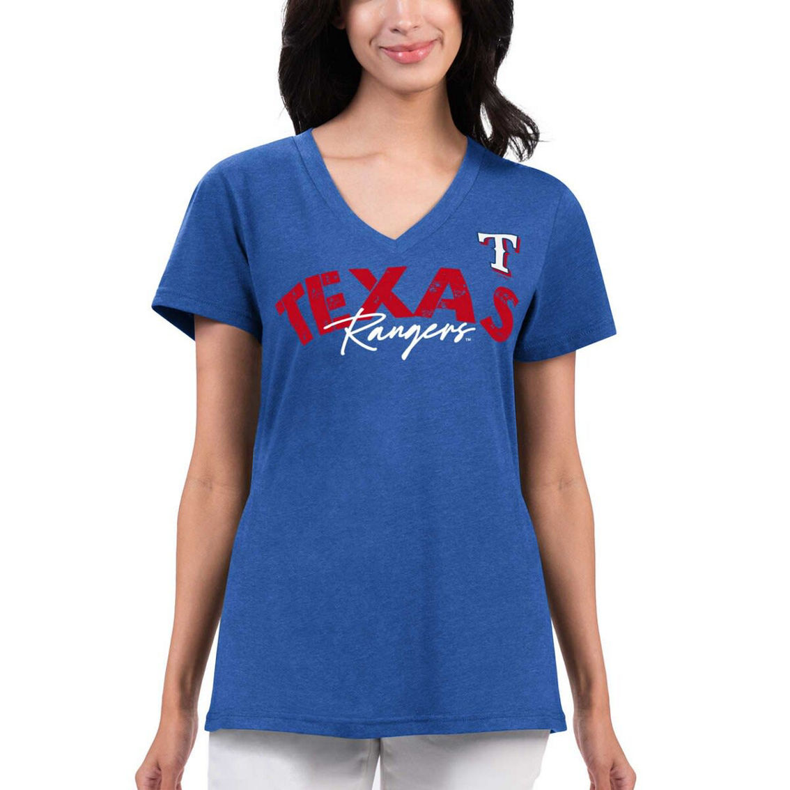 G-III 4Her by Carl Banks Women's Royal Texas Rangers Key Move V-Neck T-Shirt - Image 2 of 3