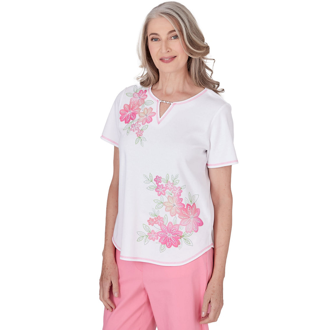 Alfred Dunner Petite Miami Beach Women's Short Sleeve Floral Applique Top - Image 3 of 5