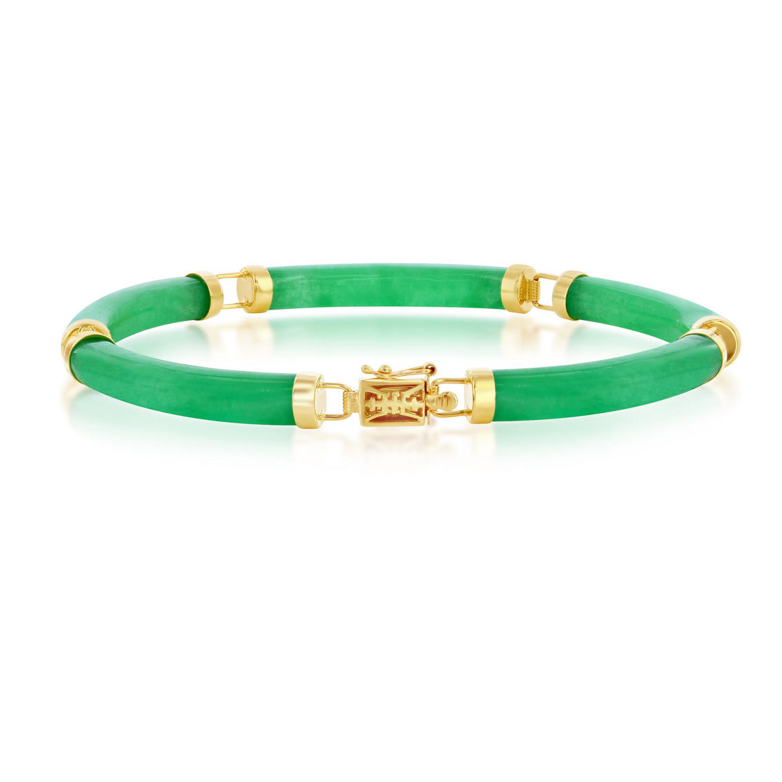 Bellissima 14K Yellow Gold, Genuine Green Jade Curved Bar Link Bracelet - Image 2 of 3