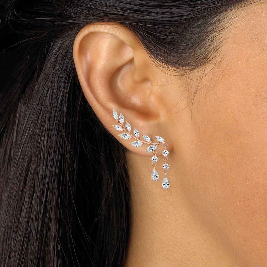 PalmBeach White Crystal Leaf and Ear Climber Earrings Rose Gold-Plated - Image 3 of 4