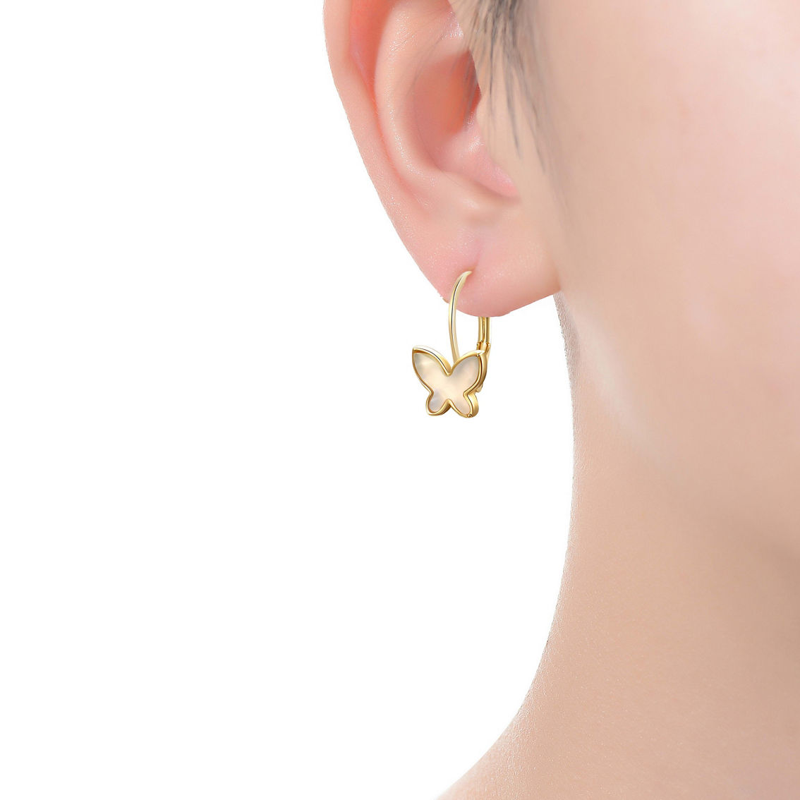 14k Yellow Gold with Mother of Pearl Butterfly Inlay Dangle Drop Leverback Earrings - Image 4 of 4