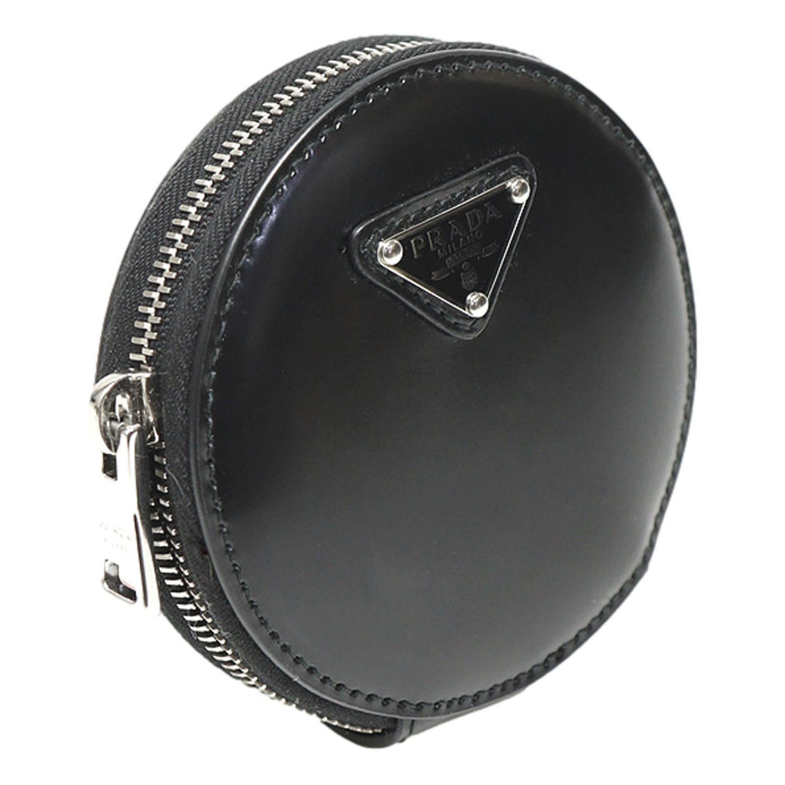 Prada Triangle Plaque Smooth Black Leather Round Mini Pouch Keychain (New) - Image 2 of 5
