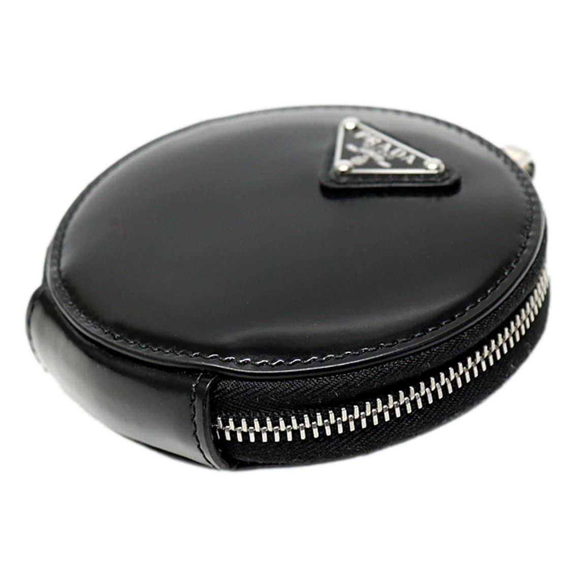 Prada Triangle Plaque Smooth Black Leather Round Mini Pouch Keychain (New) - Image 3 of 5