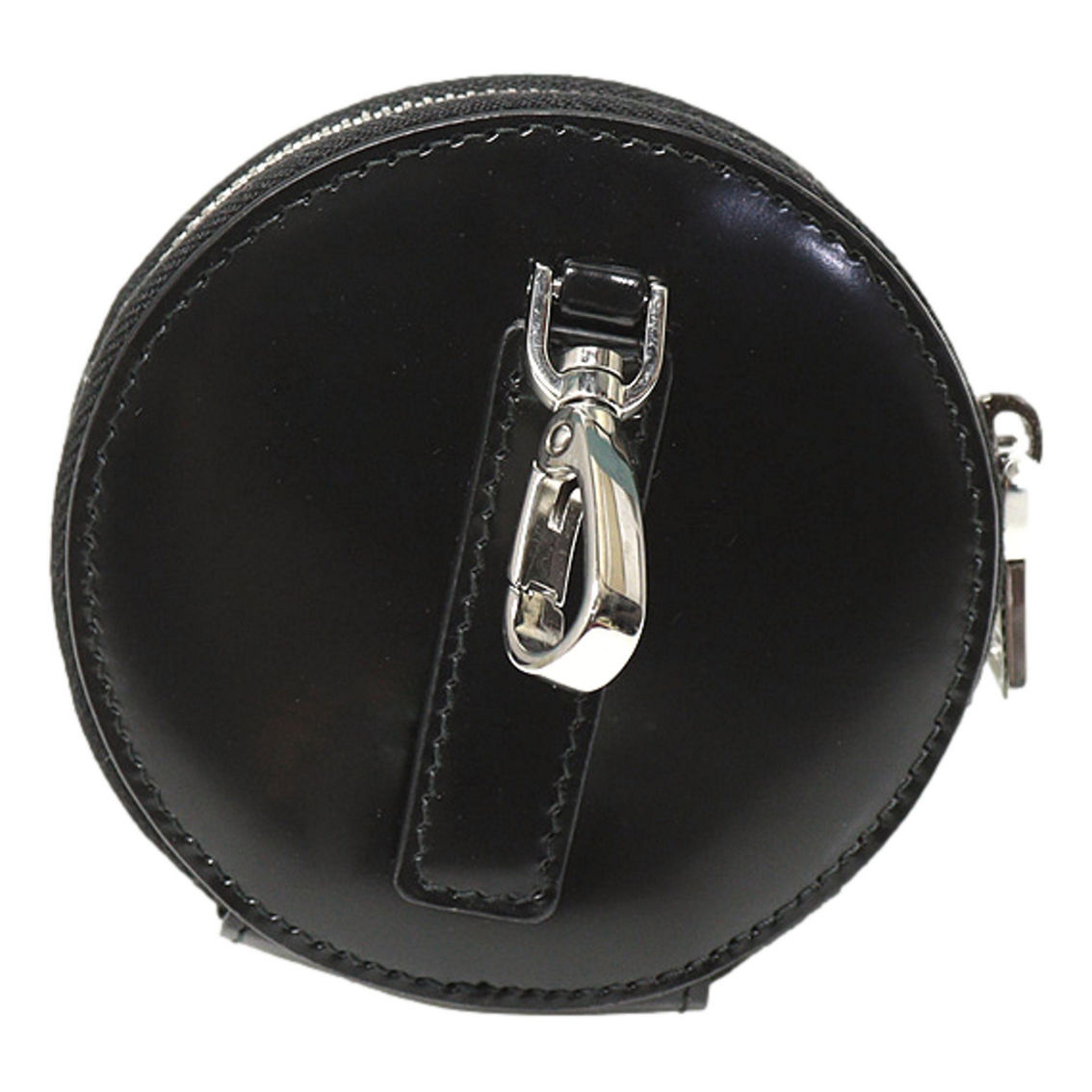 Prada Triangle Plaque Smooth Black Leather Round Mini Pouch Keychain (New) - Image 4 of 5