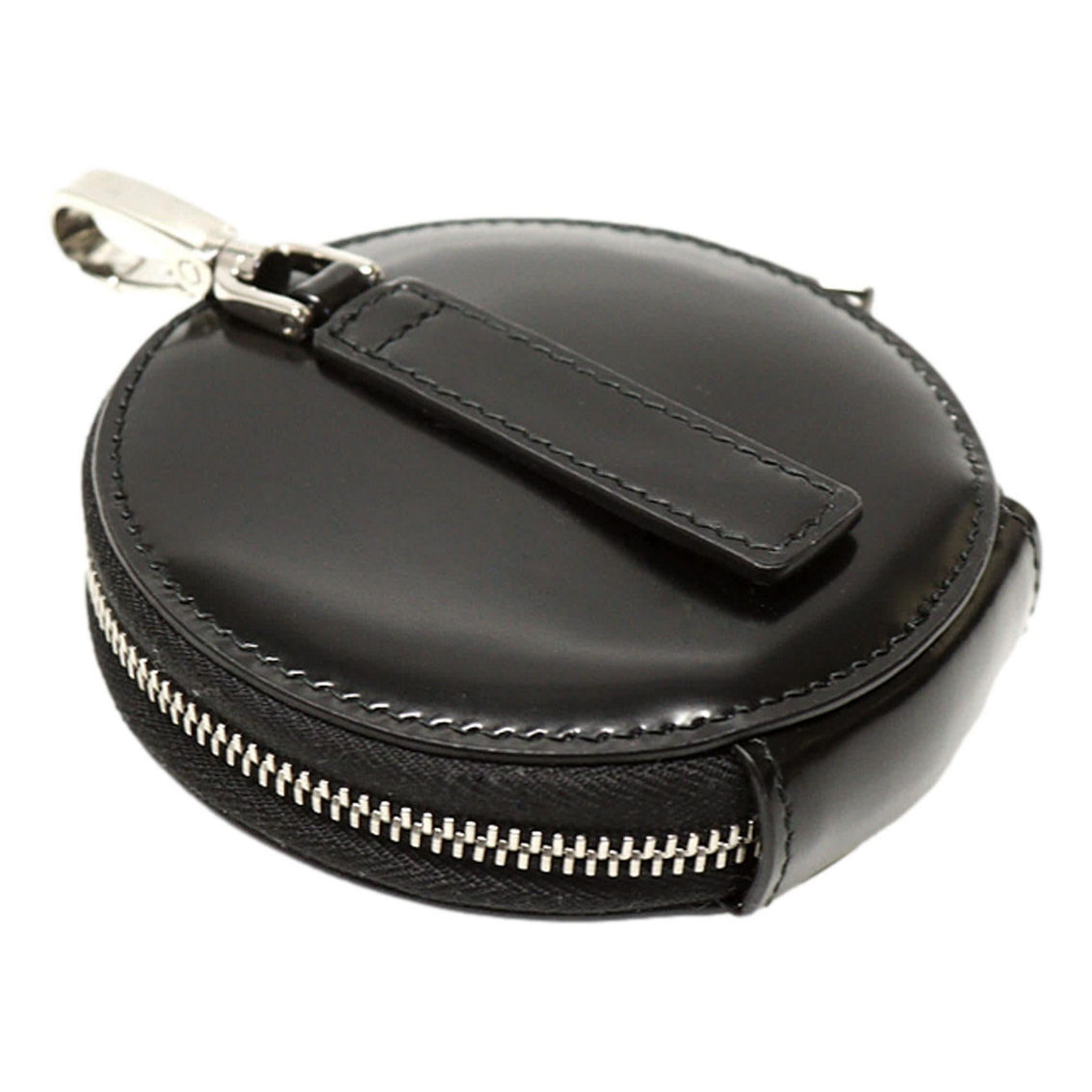 Prada Triangle Plaque Smooth Black Leather Round Mini Pouch Keychain (New) - Image 5 of 5