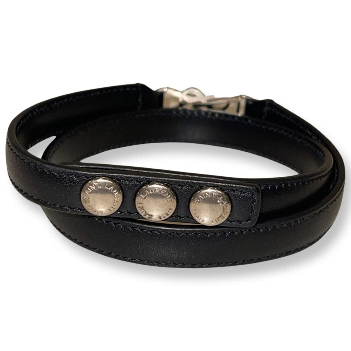 Saint Laurent Monogram Logo Black Leather Wrap Snap Bracelet (New) - Image 2 of 4